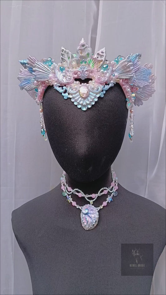 Clara Mermaid shell crown and shell necklace set iridescent pink and blue pastel headpiece