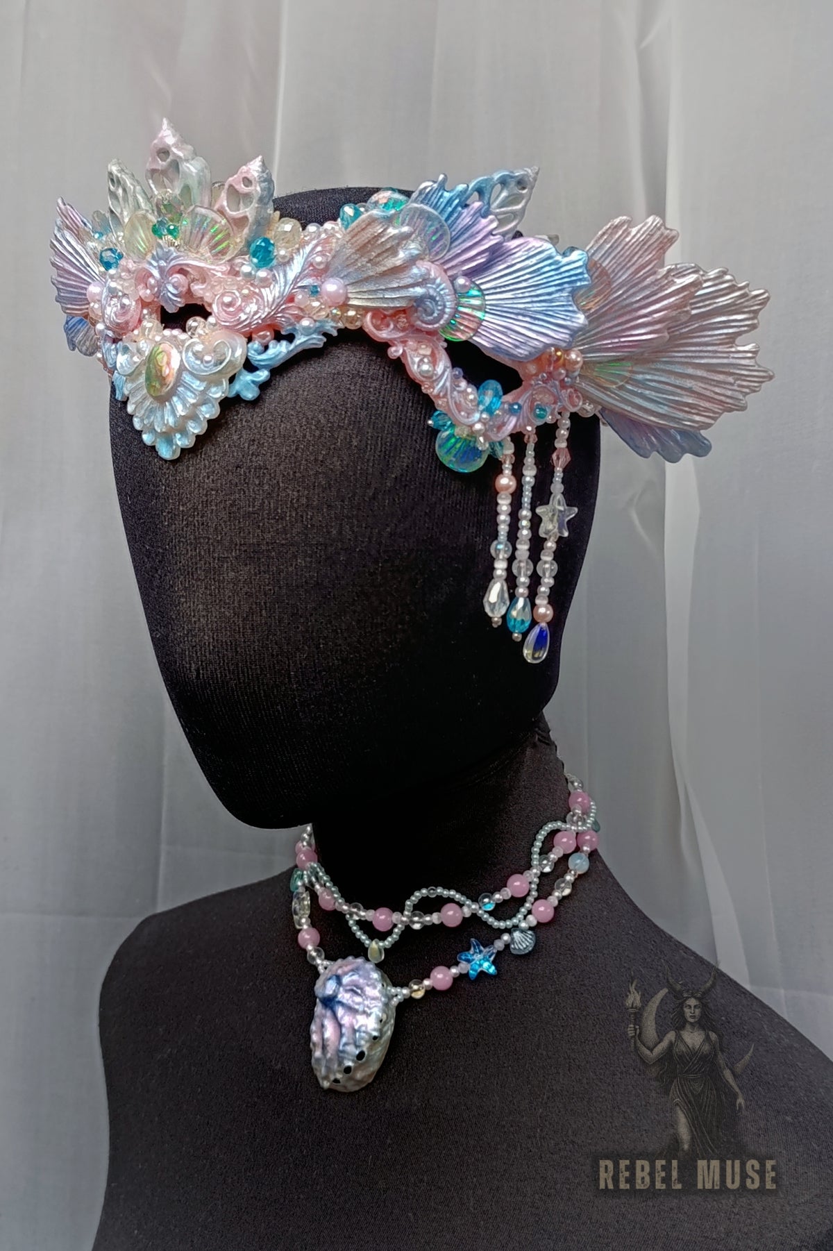Clara Mermaid shell crown and shell necklace set iridescent pink and blue pastel headpiece