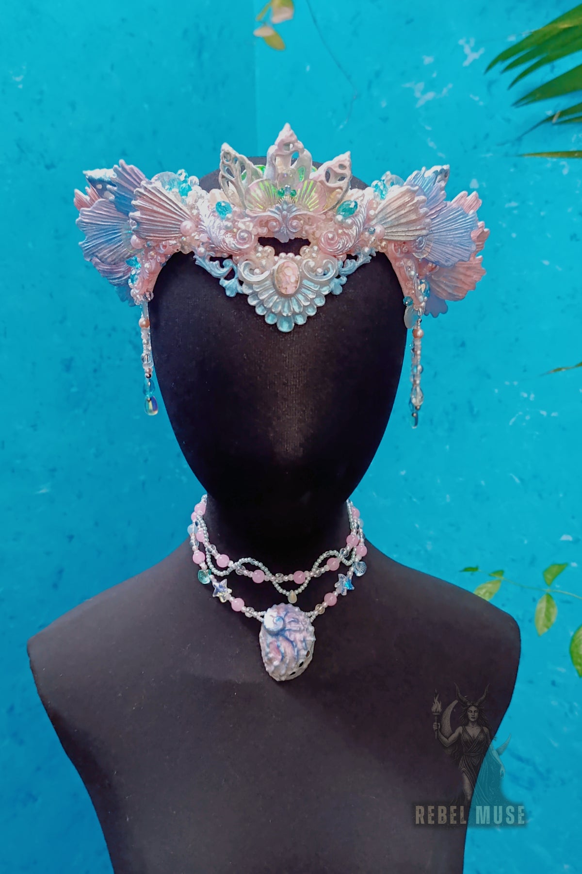 Clara Mermaid shell crown and shell necklace set iridescent pink and blue pastel headpiece