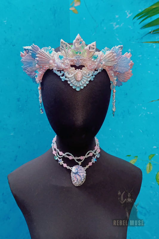 Clara Mermaid shell crown and shell necklace set iridescent pink and blue pastel headpiece